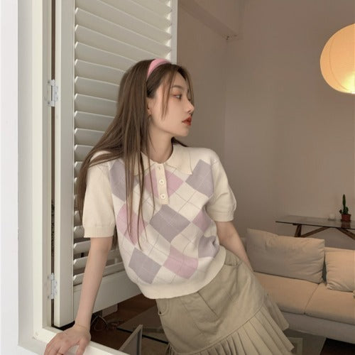 Women's Retro Diamond Polo Collar Short Sleeve Tshirt l Blanqor