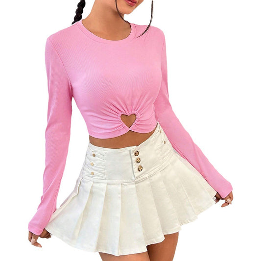 Women's Round Neck Slim-fit Short Heart And Circle Long Sleeve T-shirt | Blanqor