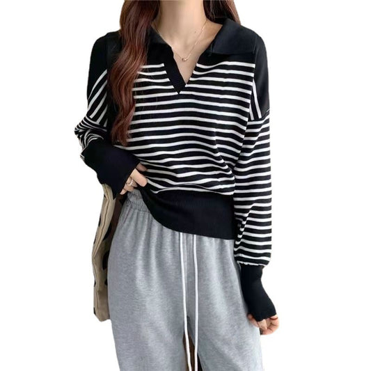 Striped Short Long-sleeved Sweater Lapel Cover l Blanqor
