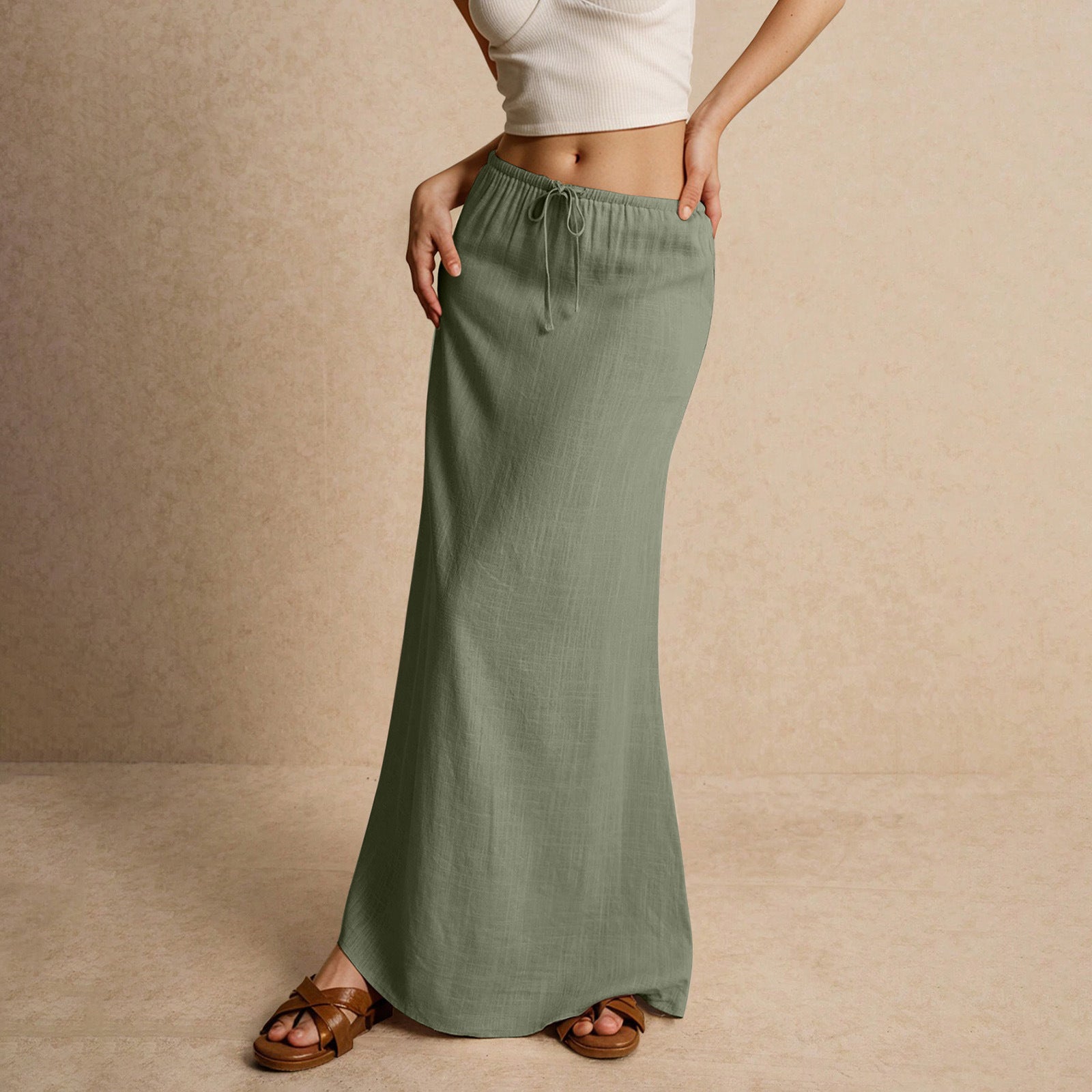 Cotton A-Line Elastic Waist Maxi Skirt with Drawstring | Blanqor