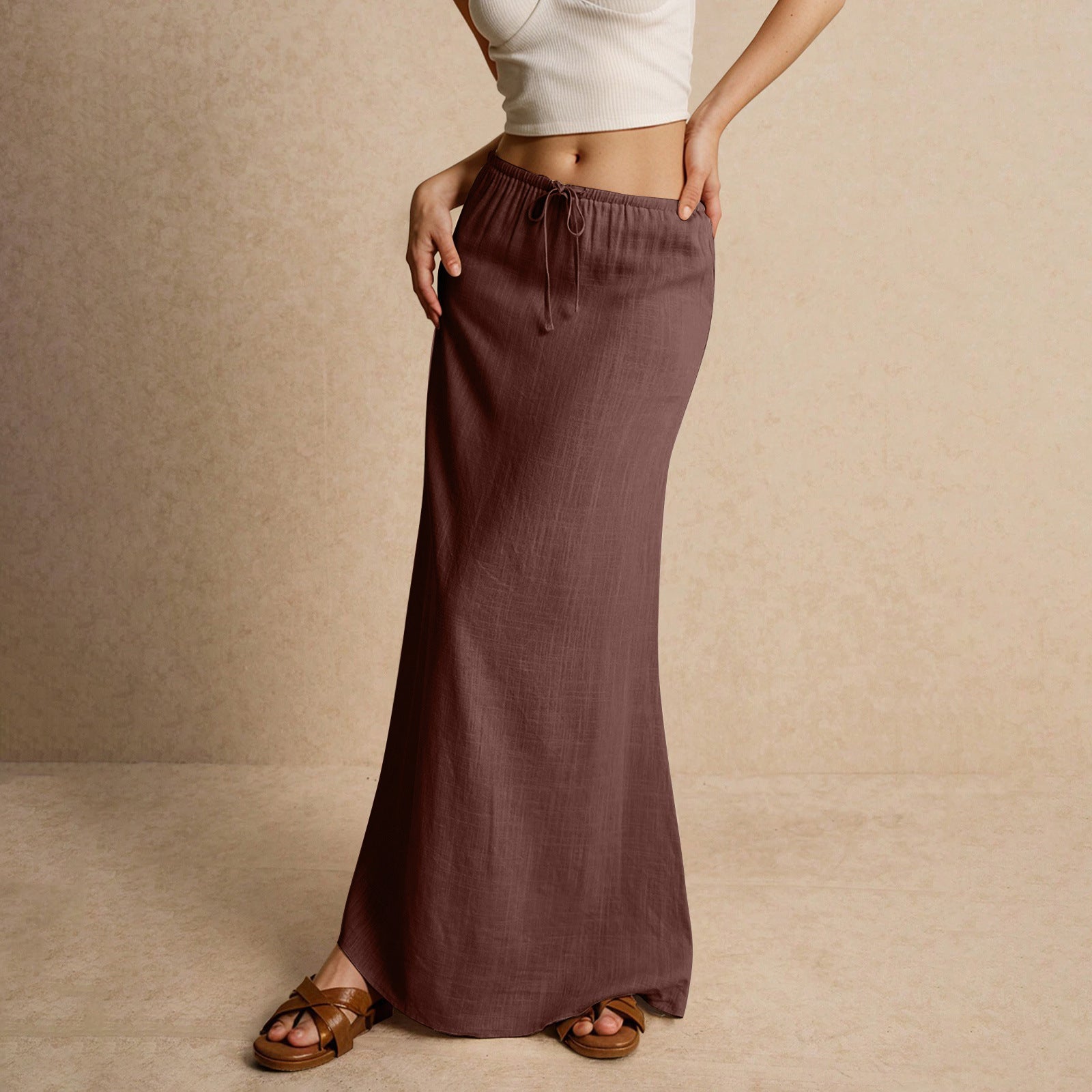 Cotton A-Line Elastic Waist Maxi Skirt with Drawstring | Blanqor