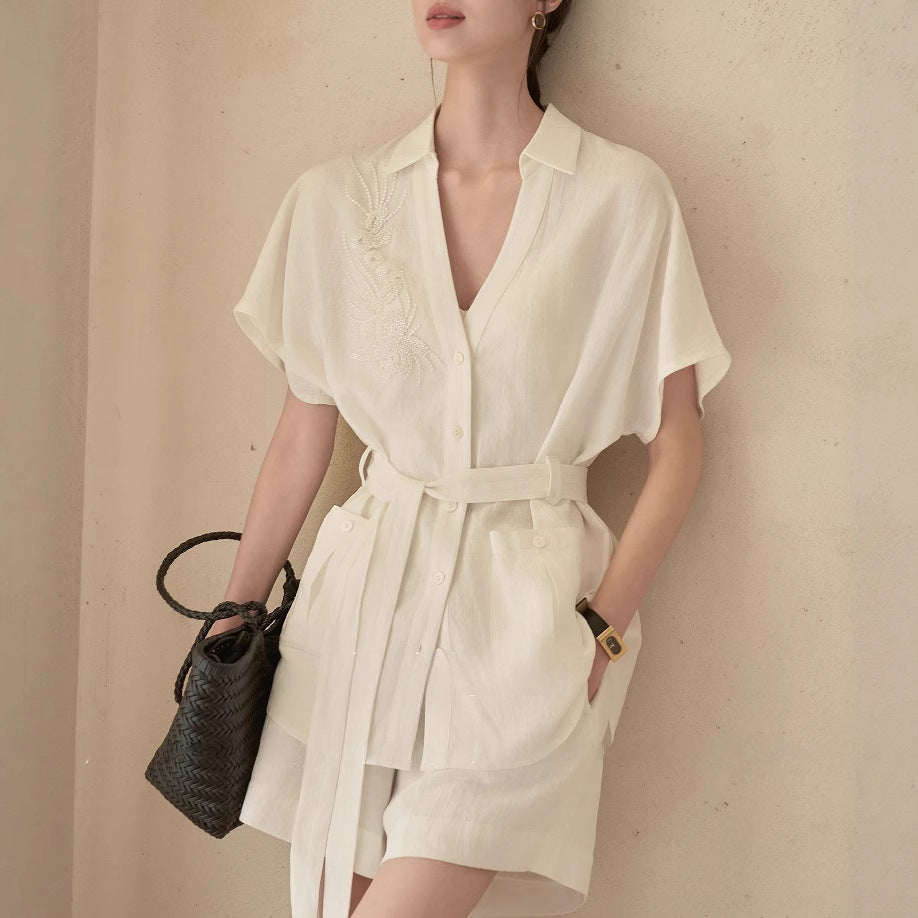 Neutral Texture Cotton-Linen Blend Summer Shirt & Shorts Co-ord Set | Blanqor