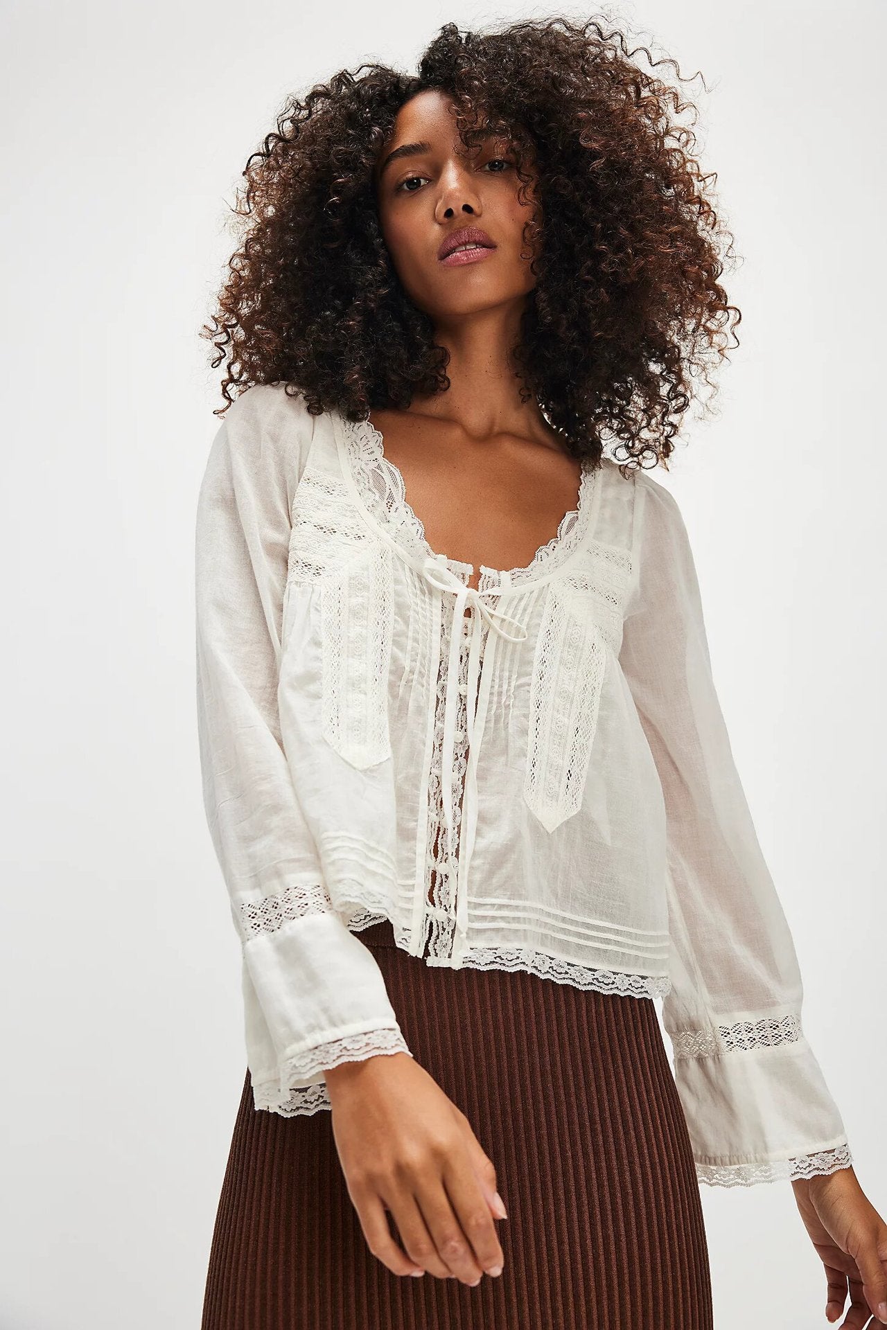 Lace U-shaped Lace Collar Long Sleeve Light Shirt | Blanqor