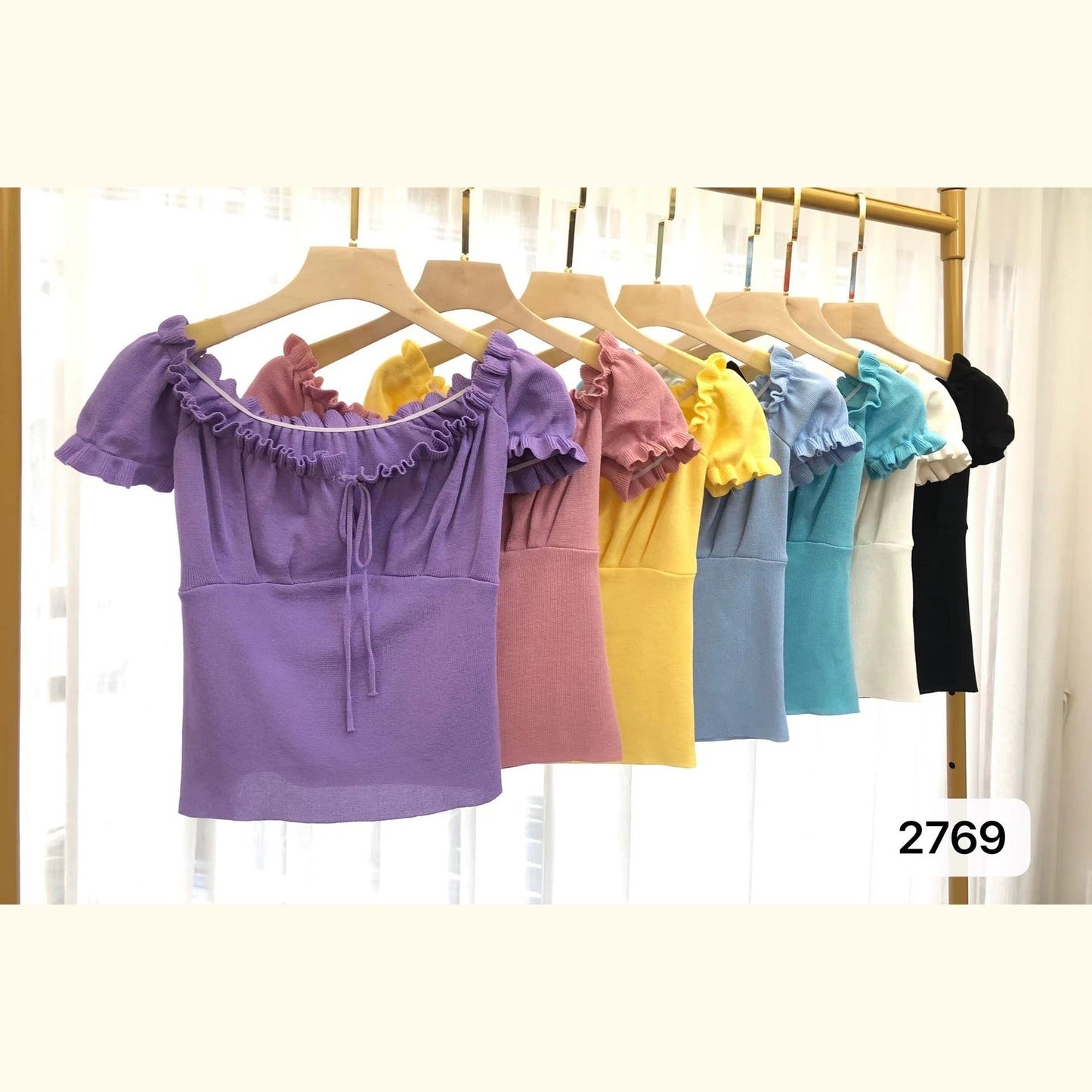 Women's Fashion Chic Collarbone Off-shoulder Design Drawstring Short Sleeve l Blanqor