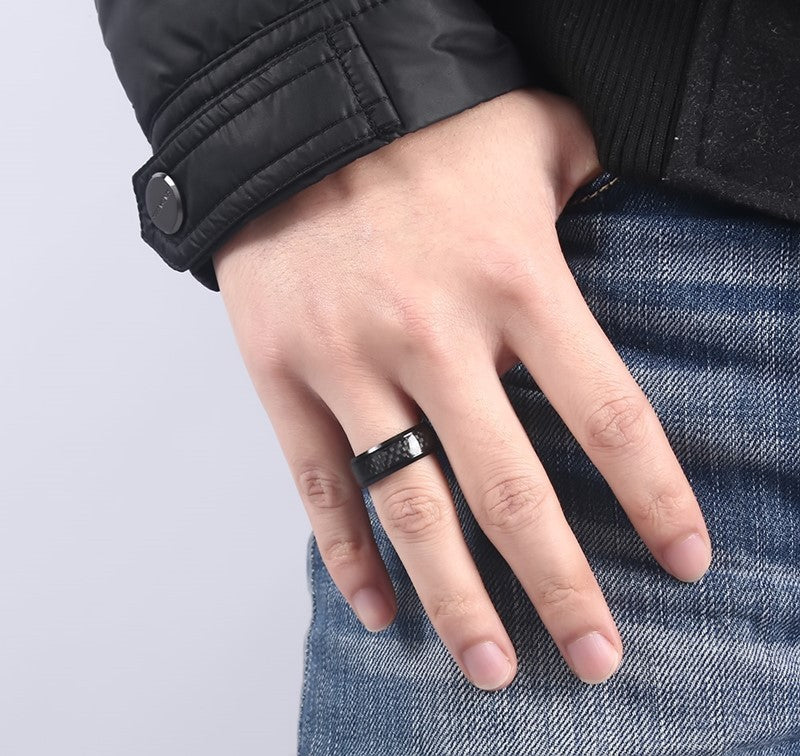 Black Carbon Fiber Inlay Stainless Steel Ring 8mm Unisex Band | Blanqor