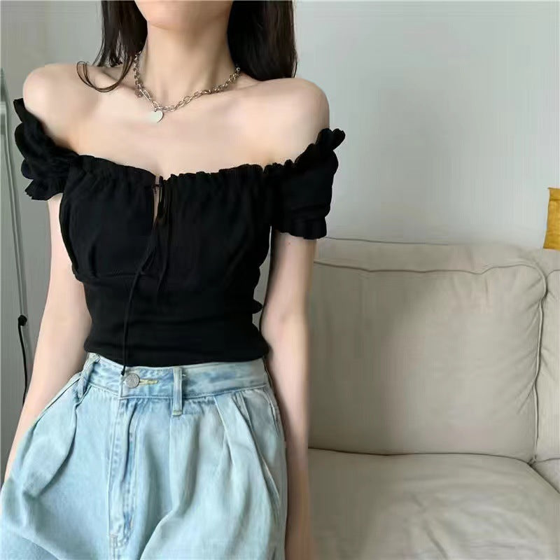 Women's Fashion Chic Collarbone Off-shoulder Design Drawstring Short Sleeve l Blanqor