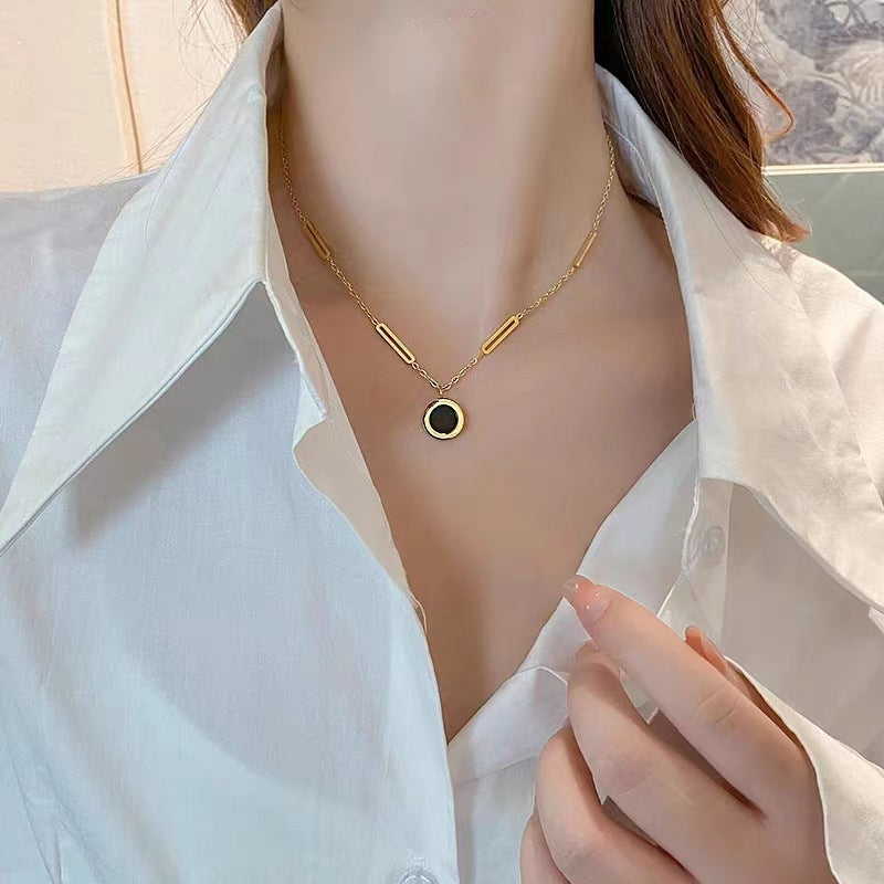 Roman Numeral Black & White Round Pendant Necklace Titanium Steel | Blanqor