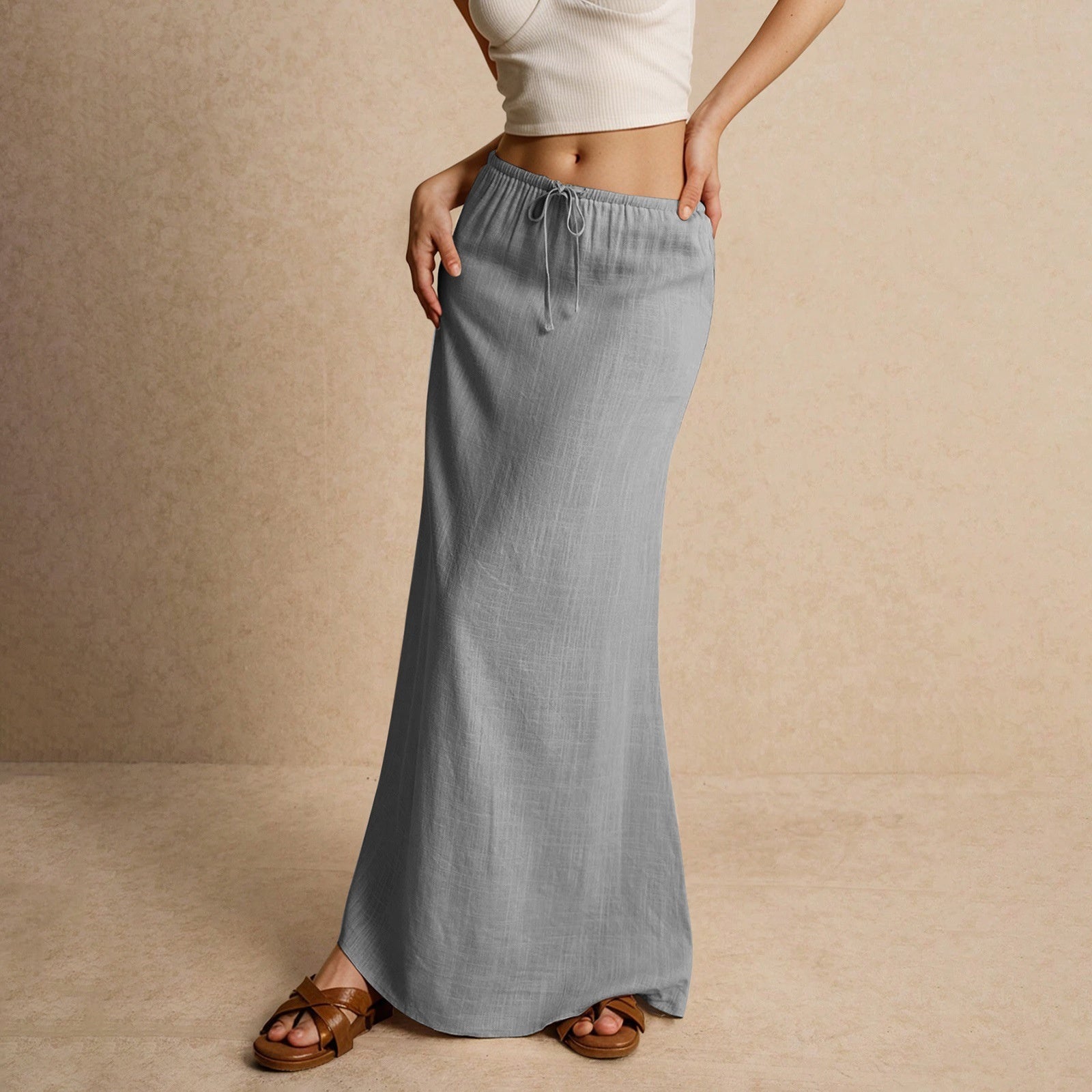 Cotton A-Line Elastic Waist Maxi Skirt with Drawstring | Blanqor