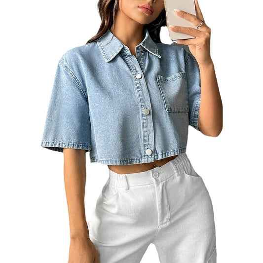 Fashion Thin Denim Small Waistcoat Short Sleeve Shirt | Blanqor