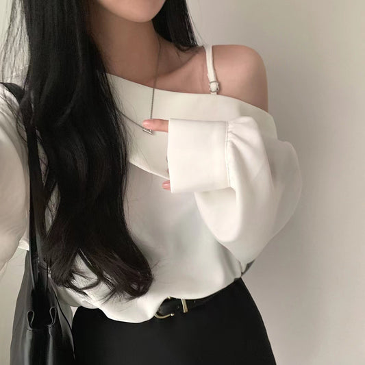 Korean Style High-grade Shirt Beveled Shoulder Off-shoulder Collar | Blanqor