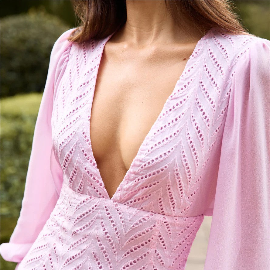 Pink Hollow-Sleeve High-Waist Fairy Dress | Blanqor