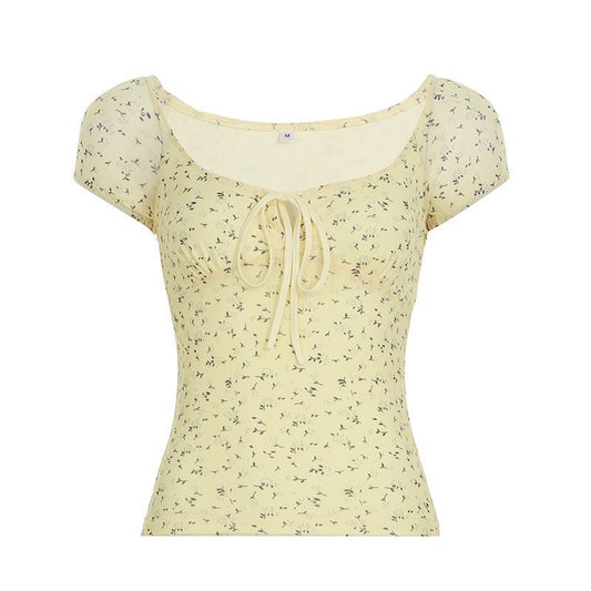 Yellow Floral Mesh Chest Strap Collar Short Sleeve | Blanqor