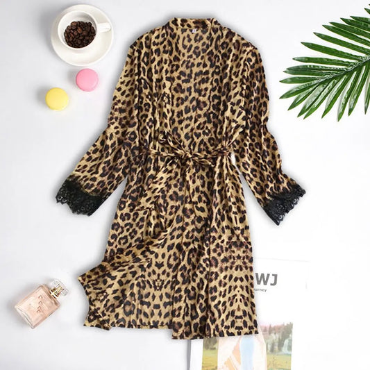 Women's Leopard Print Pajama Set – Lace-Trimmed Camis, Shorts & Robe 3-Piece Set | Blanqor