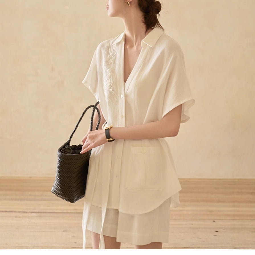 Neutral Texture Cotton-Linen Blend Summer Shirt & Shorts Co-ord Set | Blanqor