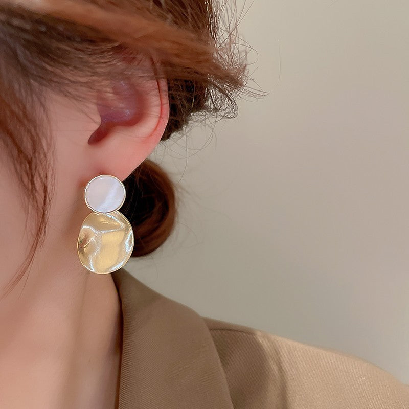 Golden Pleated Oval Stud Earrings with White Shell Pearl Accent | Blanqor