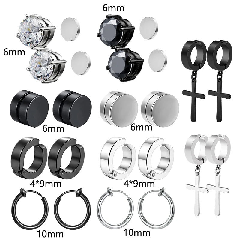 Magnetic Clip-On Stainless Steel Earrings Punk Unisex Cross & Stud Set | Blanqor