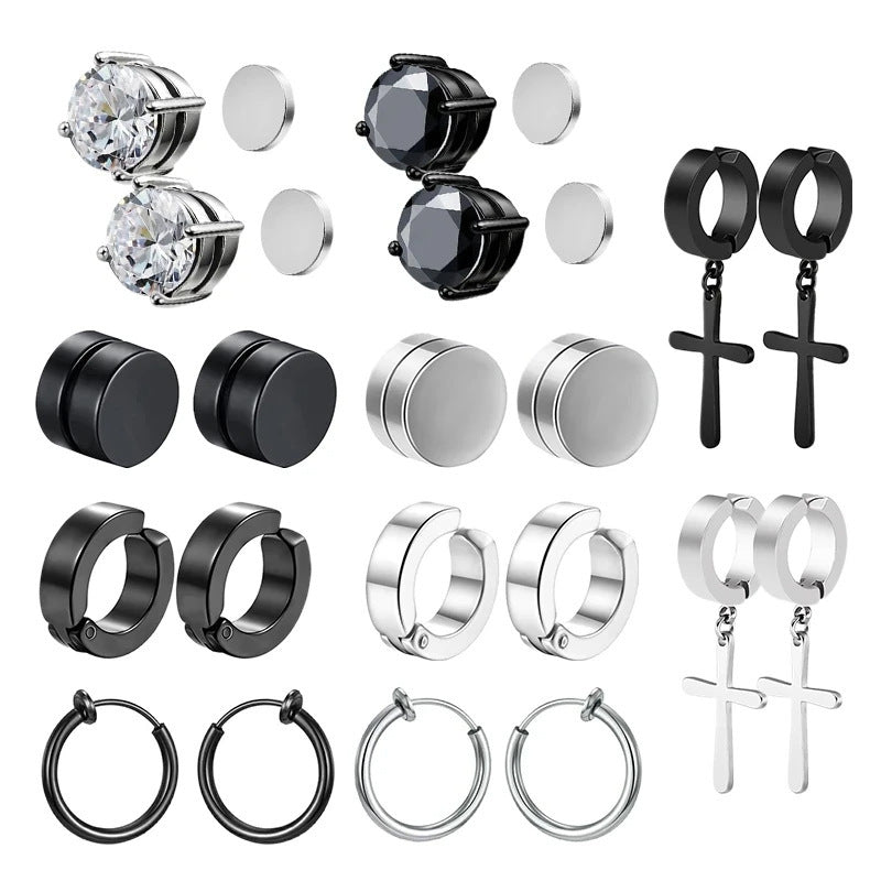 Magnetic Clip-On Stainless Steel Earrings Punk Unisex Cross & Stud Set | Blanqor