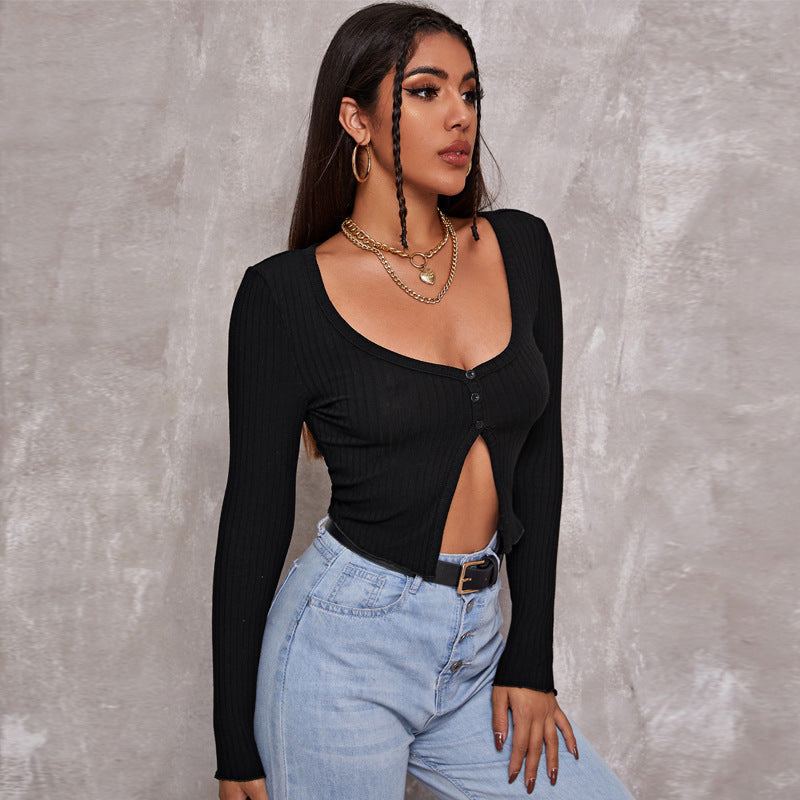 Minimalist Buttoned Long Sleeve Knit Crop Cardigan Top | Blanqor