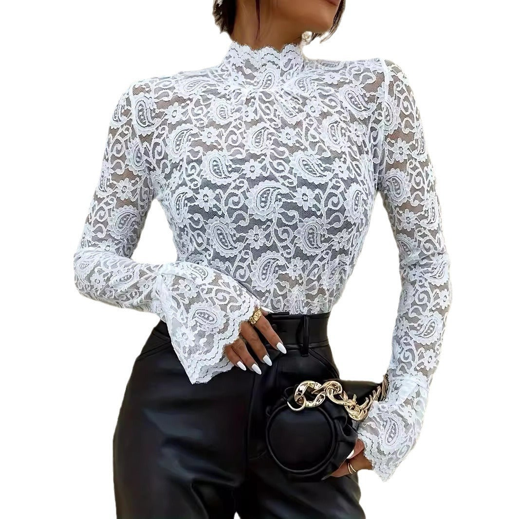 Floral Paisley Lace Slim‑Fit Top With Bell Sleeves | Blanqor
