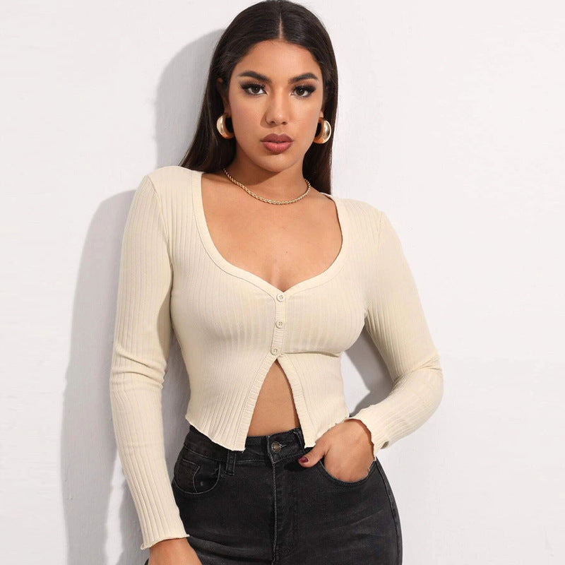 Minimalist Buttoned Long Sleeve Knit Crop Cardigan Top | Blanqor