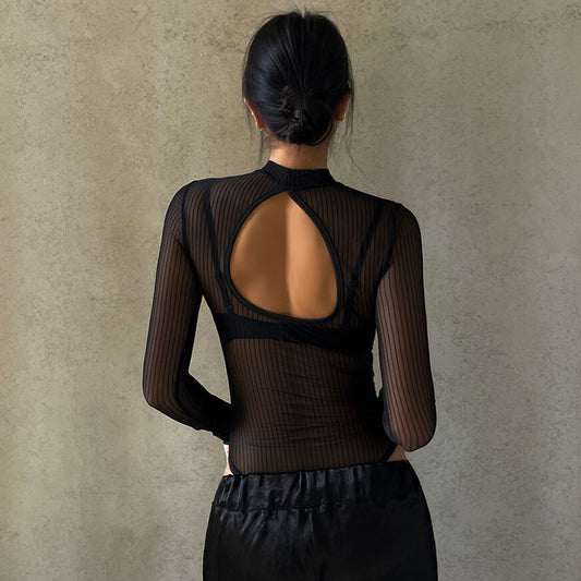 European And American Style Mesh See-through Sexy Sexy Top Women's Round Neck Long Sleeve Jumpsuit | Blanqor