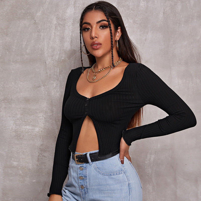 Minimalist Buttoned Long Sleeve Knit Crop Cardigan Top | Blanqor