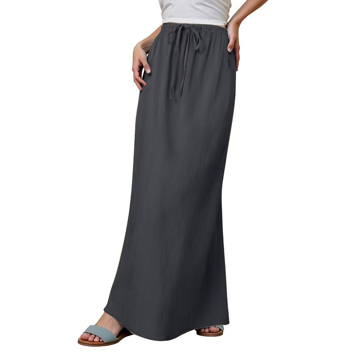 Cotton A-Line Elastic Waist Maxi Skirt with Drawstring | Blanqor