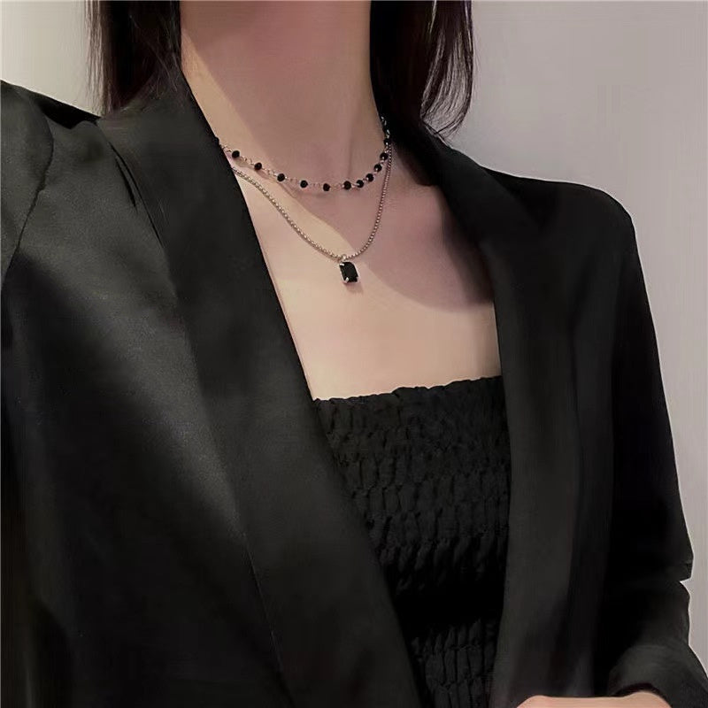 Minimalist Black & Rhinom‑Stone Double‑Layer Necklace | Blanqor