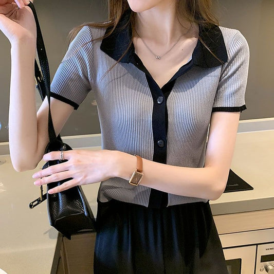 Color Contrast Retro Ice Silk Knitted Cardigan | Blanqor