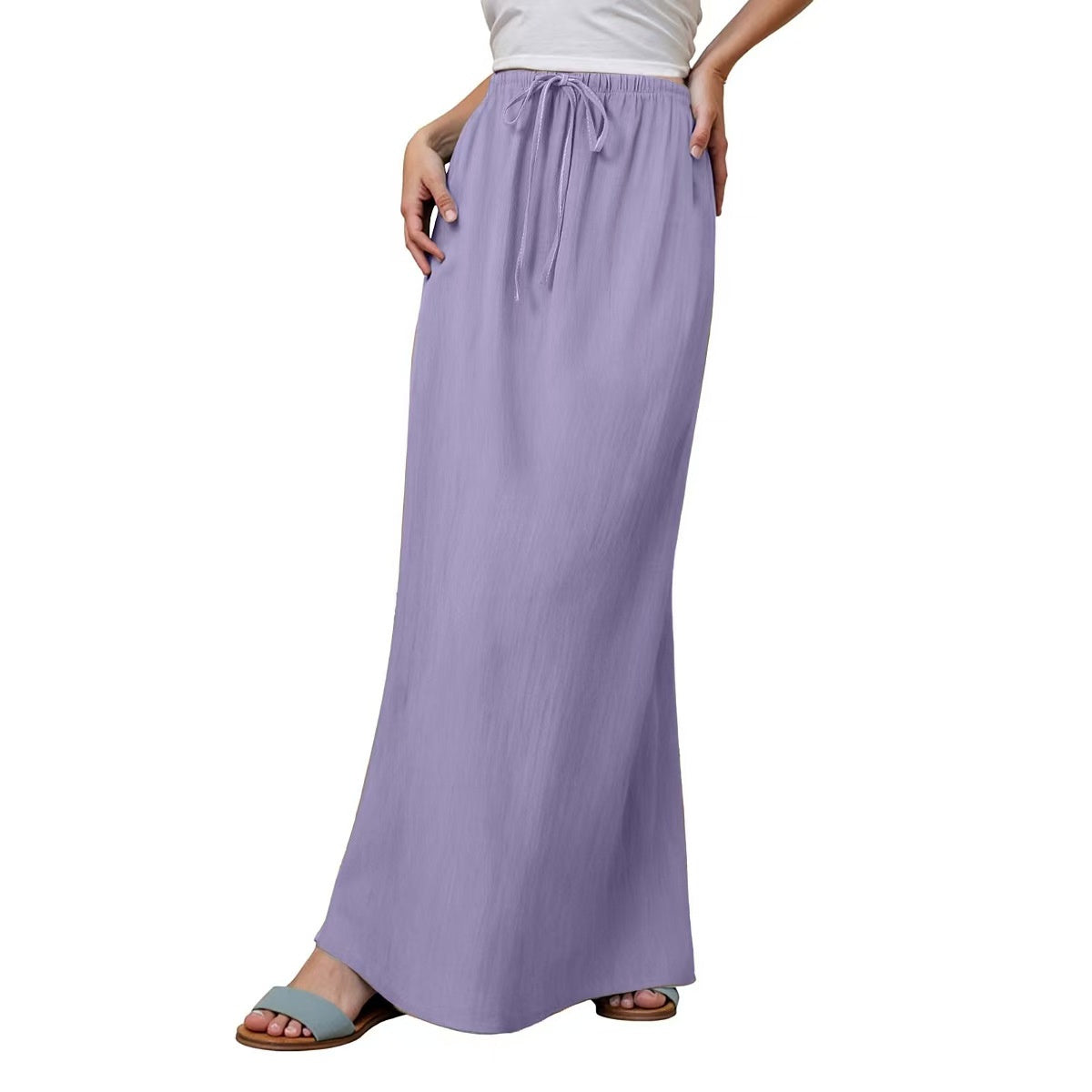 Cotton A-Line Elastic Waist Maxi Skirt with Drawstring | Blanqor