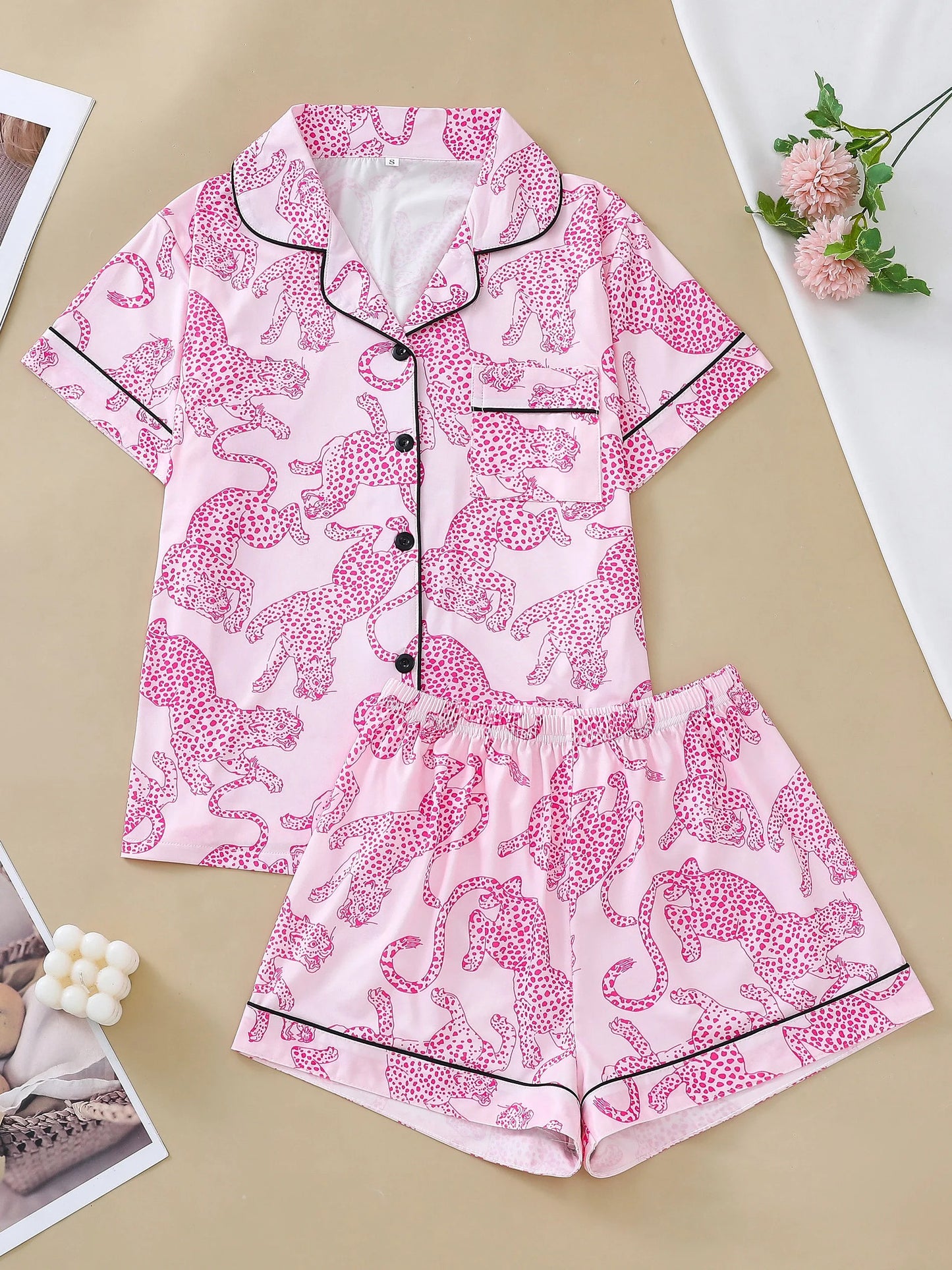 Pink Leopard Print Lounge Set for Women – Relaxed Fit Pajama Shirt & Shorts | Blanqor