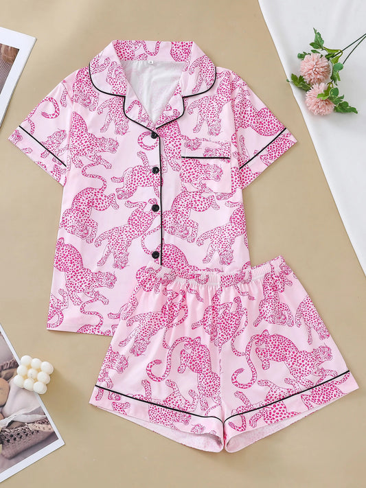 Pink Leopard Print Lounge Set for Women – Relaxed Fit Pajama Shirt & Shorts | Blanqor