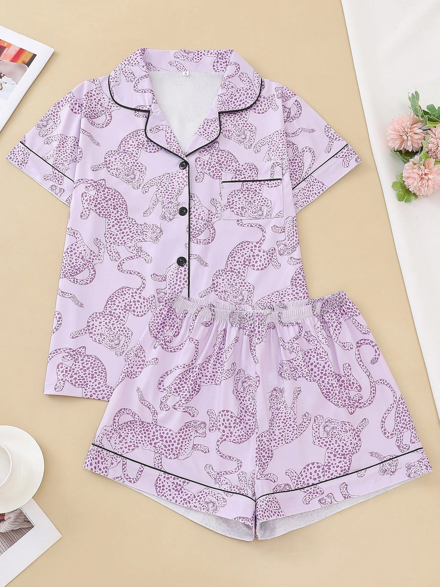 Pink Leopard Print Lounge Set for Women – Relaxed Fit Pajama Shirt & Shorts | Blanqor