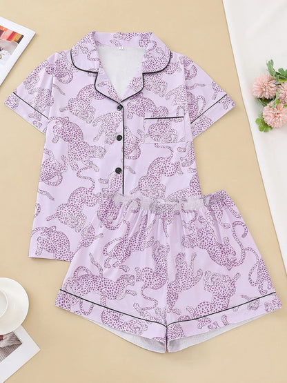 Pink Leopard Print Lounge Set for Women – Relaxed Fit Pajama Shirt & Shorts | Blanqor