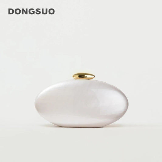 Women's Egg-Shaped Acrylic Clutch – Ivory Pearl Finish, Chain Strap | DONGSUO