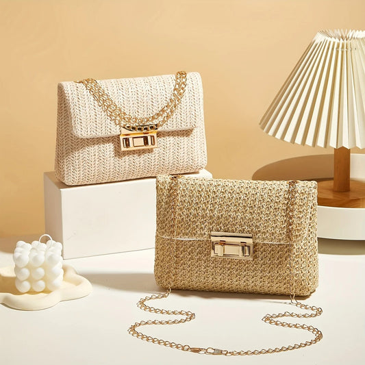 Women's Woven Straw Shoulder Bag – Solid Color, Lock Closure, Handwoven Detail | FXZLLQ