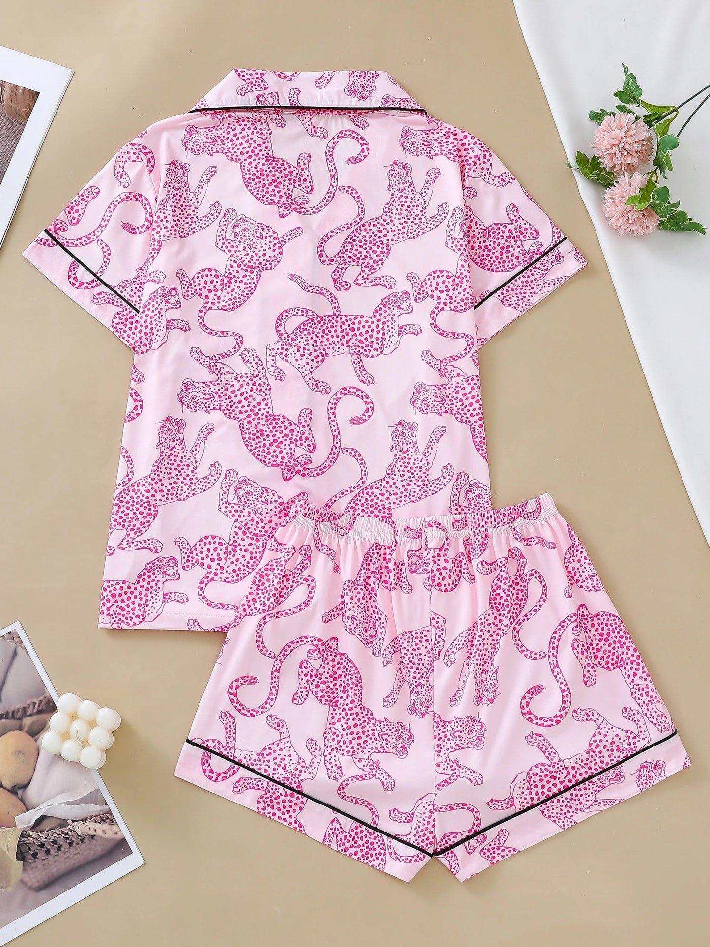 Pink Leopard Print Lounge Set for Women – Relaxed Fit Pajama Shirt & Shorts | Blanqor
