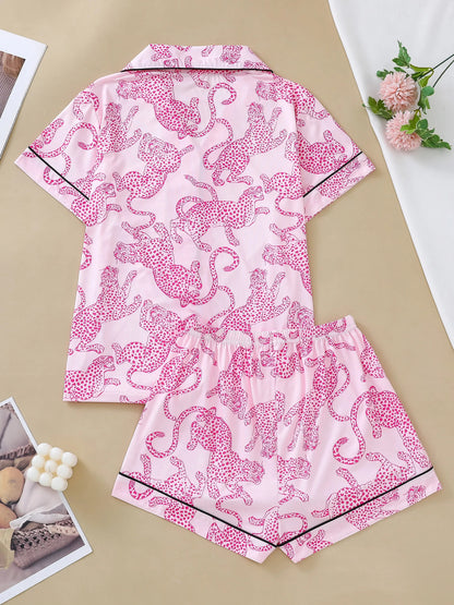 Pink Leopard Print Lounge Set for Women – Relaxed Fit Pajama Shirt & Shorts | Blanqor