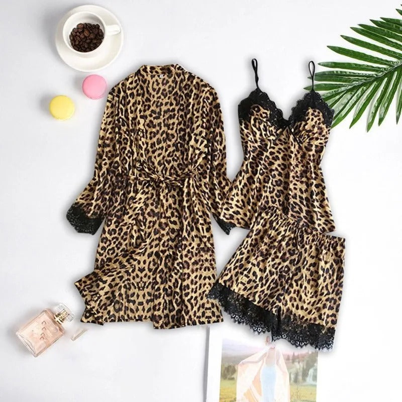 Women's Leopard Print Pajama Set – Lace-Trimmed Camis, Shorts & Robe 3-Piece Set | Blanqor