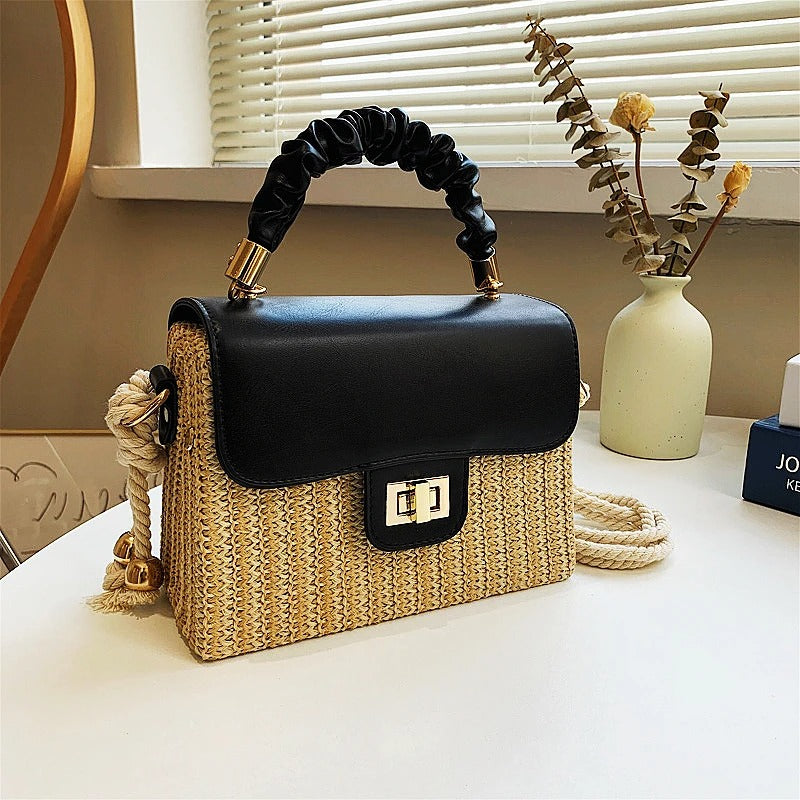 Women's Straw Beach Bag – Contrast Color, Pleated Handle, Flap Closure | Moods Boutique