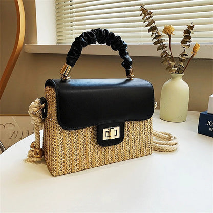 Women's Straw Beach Bag – Contrast Color, Pleated Handle, Flap Closure | Moods Boutique
