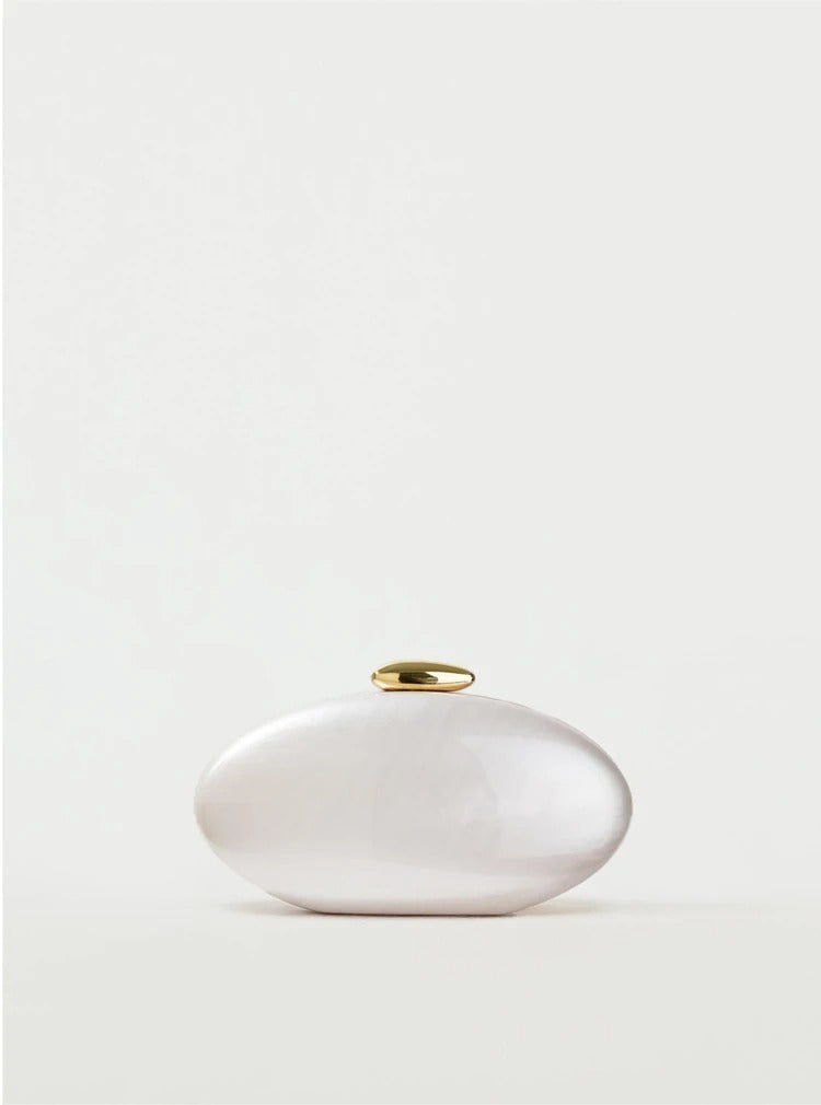 Women's Egg-Shaped Acrylic Clutch – Ivory Pearl Finish, Chain Strap | DONGSUO