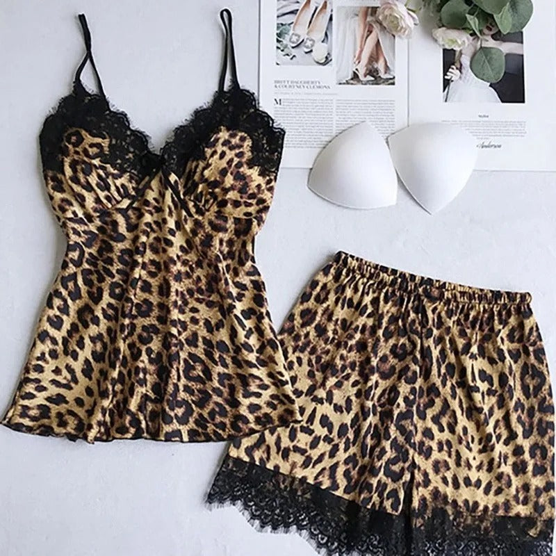 Women's Leopard Print Pajama Set – Lace-Trimmed Camis, Shorts & Robe 3-Piece Set | Blanqor