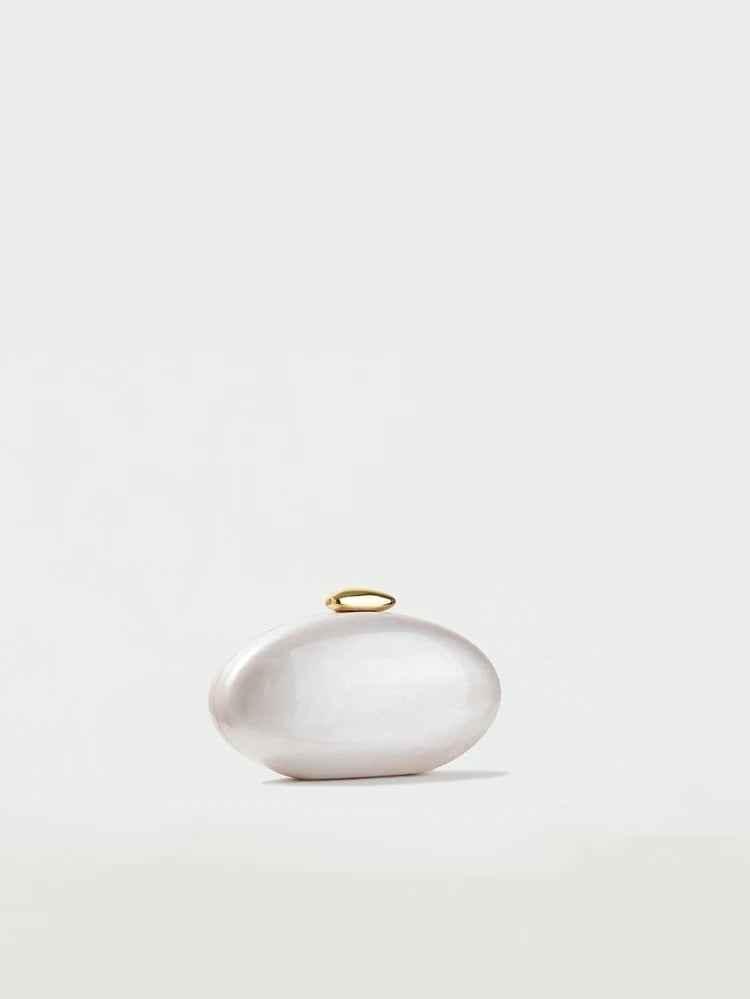 Women's Egg-Shaped Acrylic Clutch – Ivory Pearl Finish, Chain Strap | DONGSUO