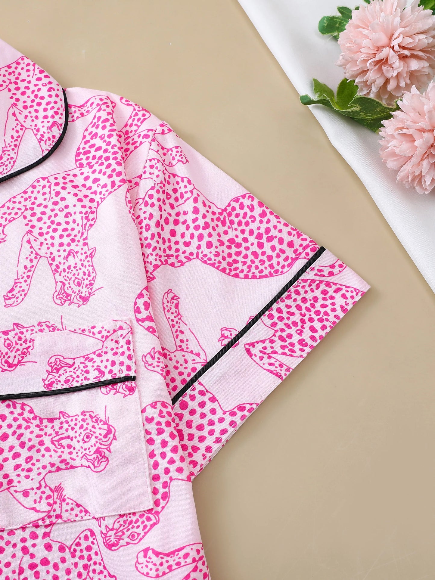 Pink Leopard Print Lounge Set for Women – Relaxed Fit Pajama Shirt & Shorts | Blanqor