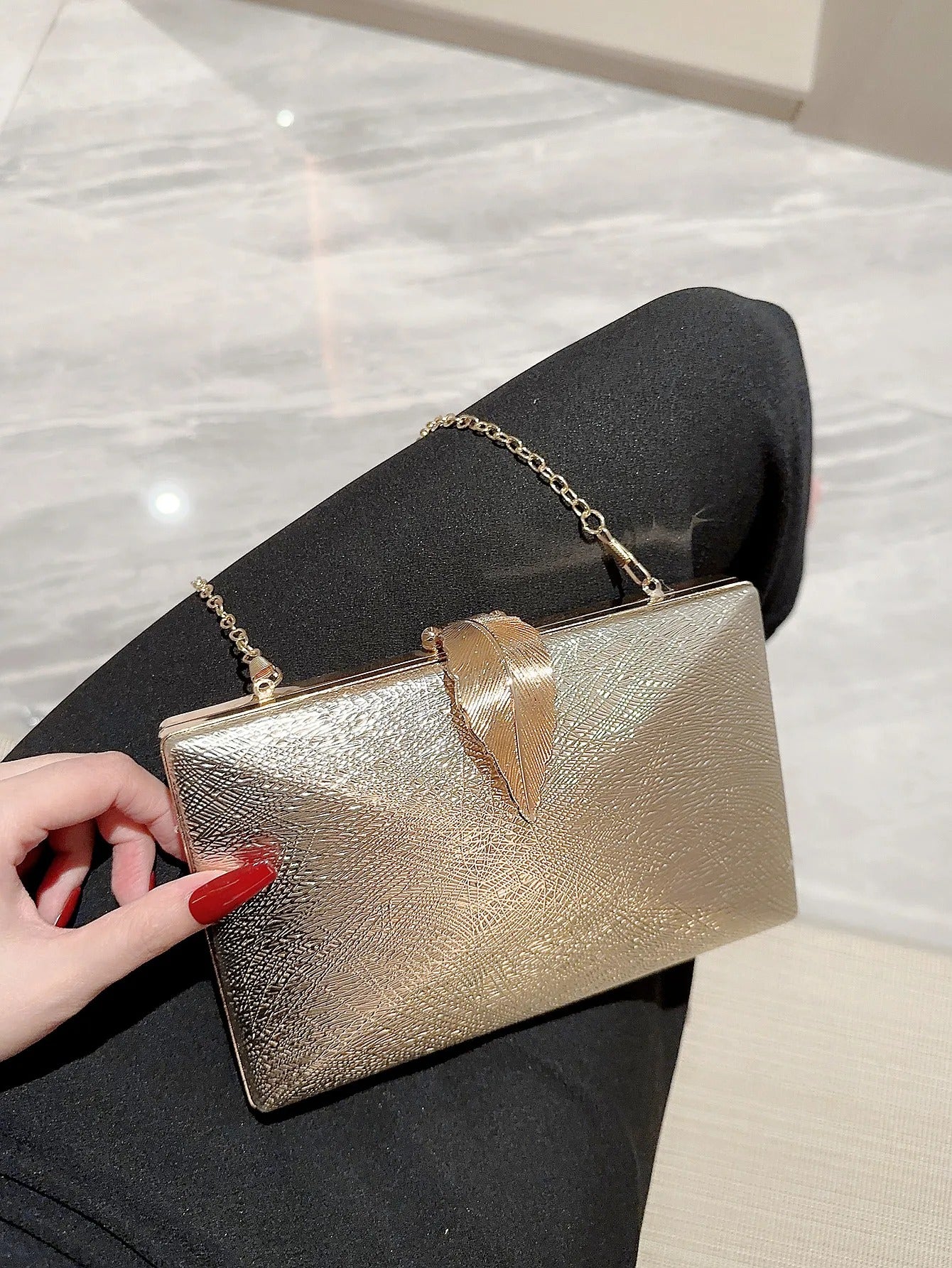 Women's Gold Leaf Buckle Evening Clutch – Box Shape, Chain Strap | Blanqor  Size: (20cm<Max Length<30cm)