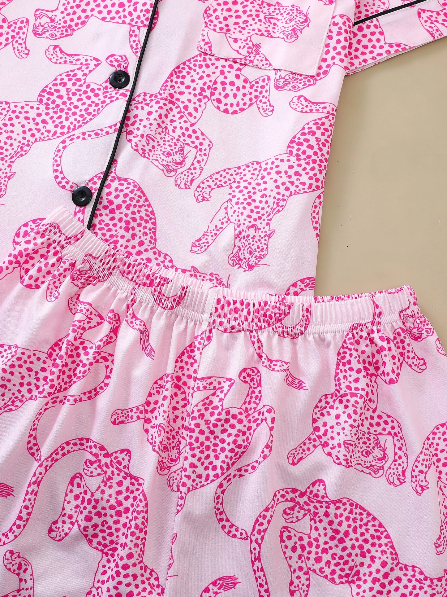 Pink Leopard Print Lounge Set for Women – Relaxed Fit Pajama Shirt & Shorts | Blanqor