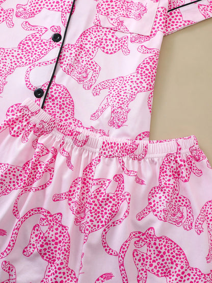 Pink Leopard Print Lounge Set for Women – Relaxed Fit Pajama Shirt & Shorts | Blanqor