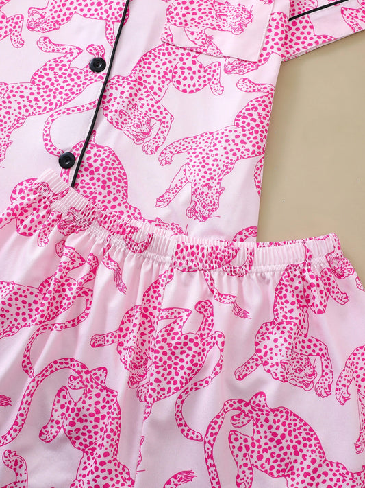 Pink Leopard Print Lounge Set for Women – Relaxed Fit Pajama Shirt & Shorts | Blanqor