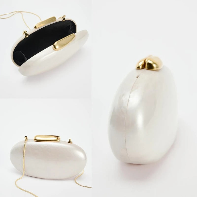 Women's Egg-Shaped Acrylic Clutch – Ivory Pearl Finish, Chain Strap | DONGSUO